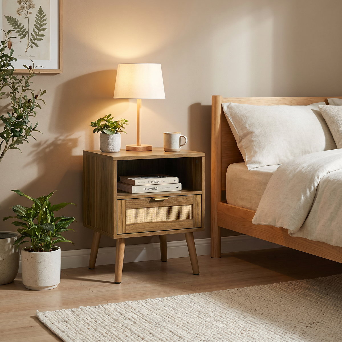 Rattan Bedside Table with Open Shelf – Walnut