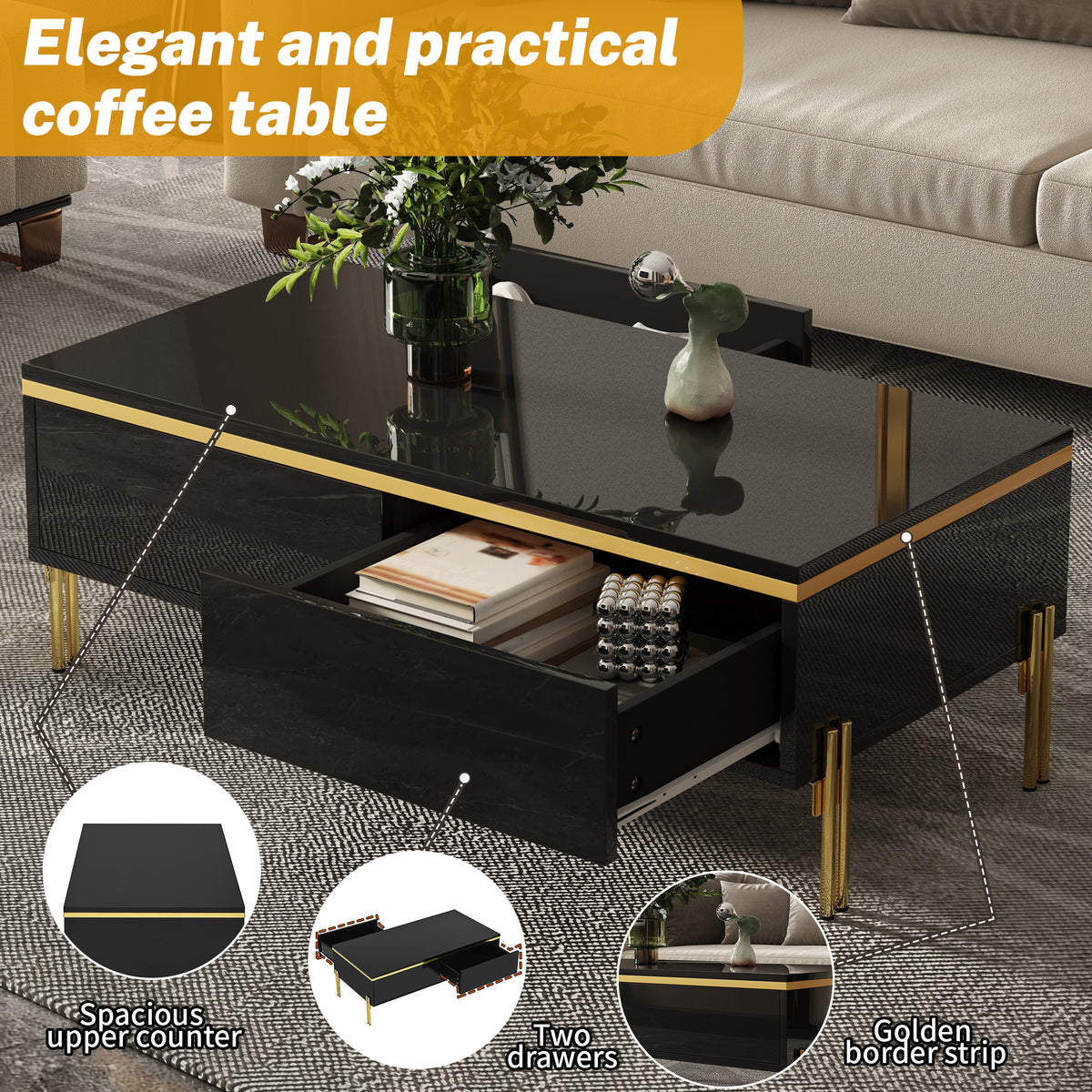 Black Gloss Coffee Table with Gold Lines