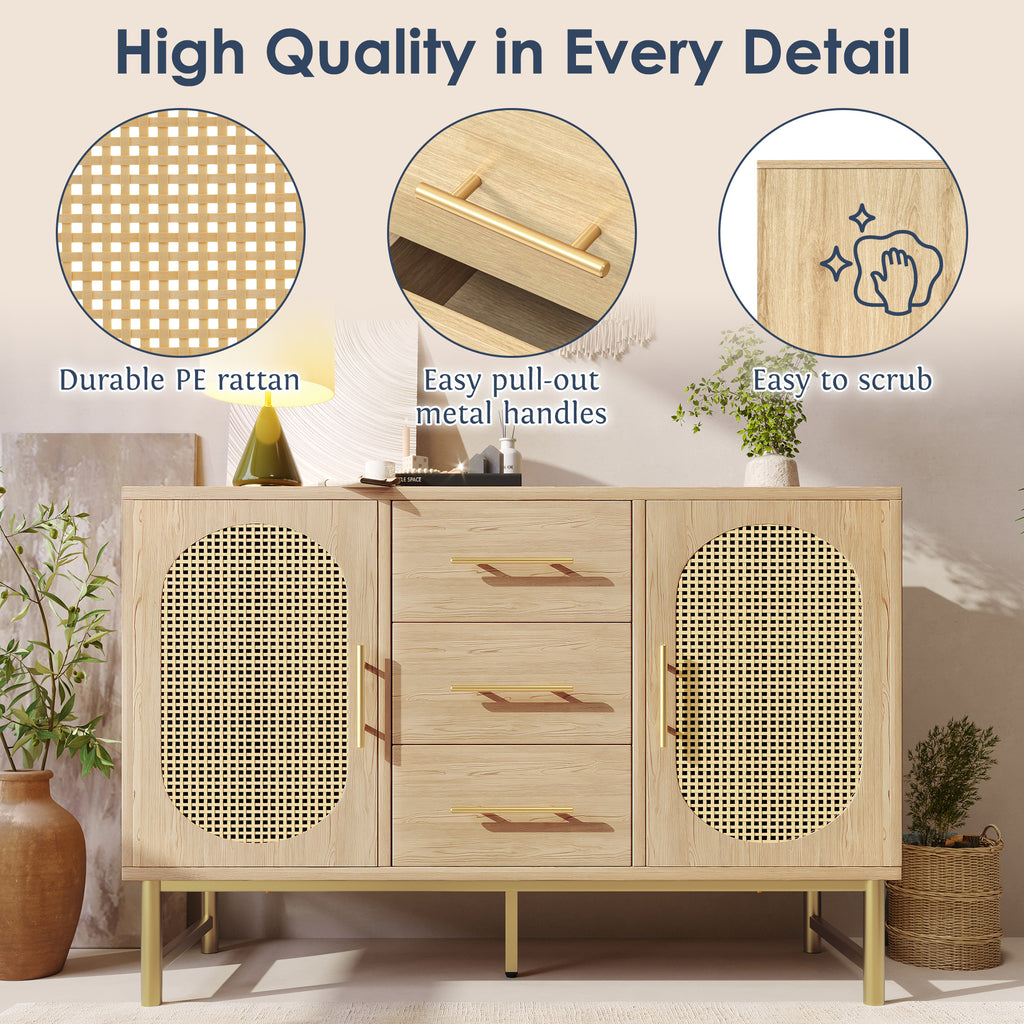 Rattan Sideboard with Gold Legs – Oak, 120cm