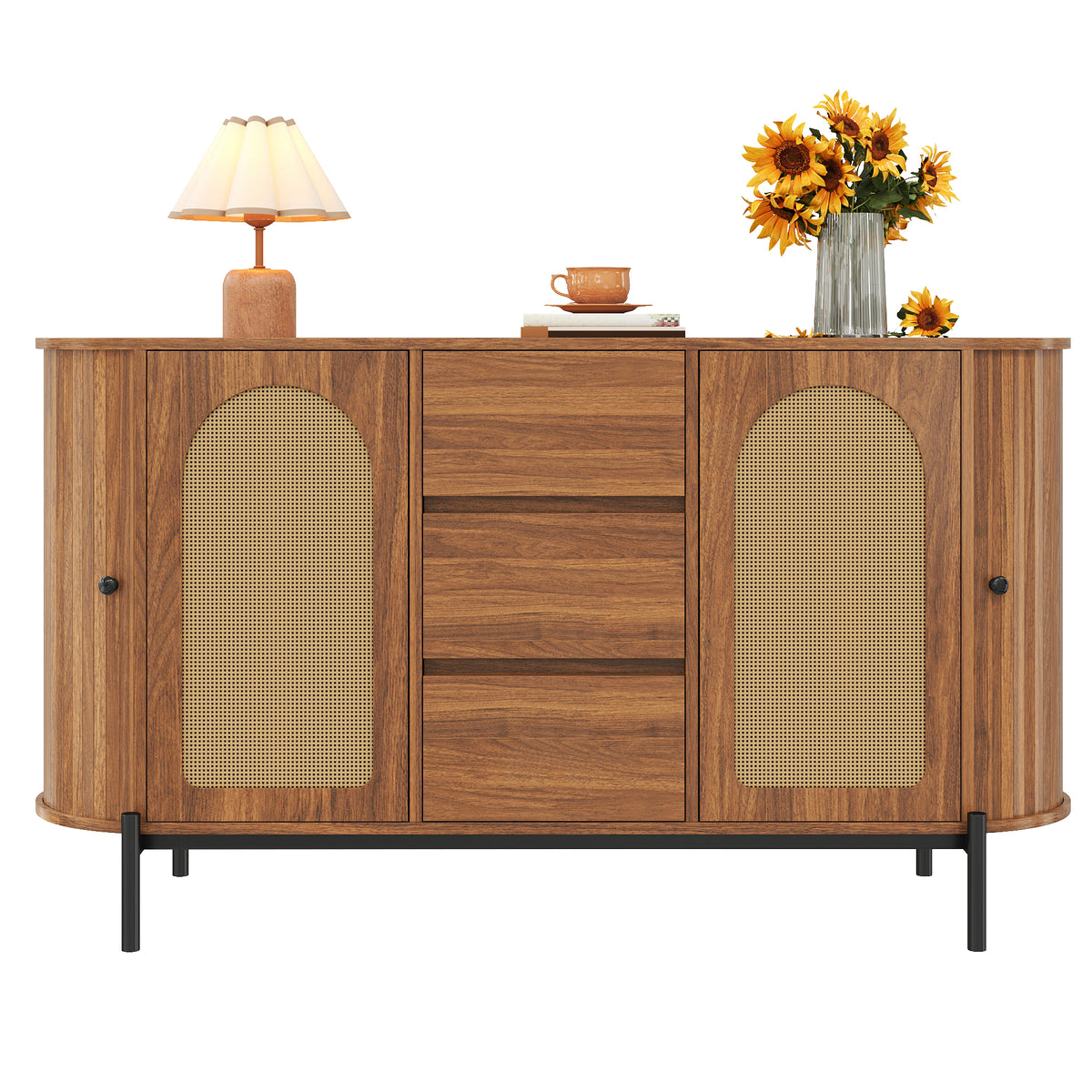Rattan Sliding-Door Sideboard – Walnut, 140cm